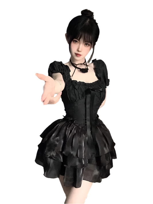 Black Dress with Puff Sleevez and Ruffled Skirt