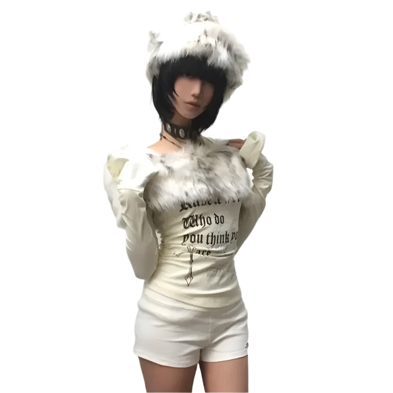 White Fur Trim Off Shoulder Top