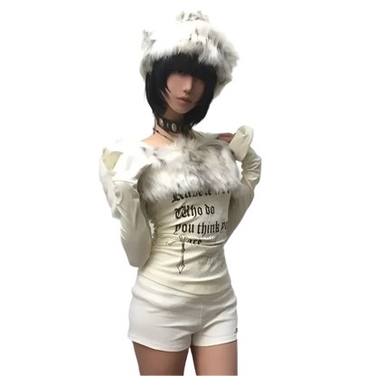 White Fur Trim Off Shoulder Top