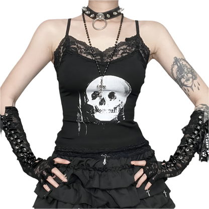 Skull Print Cami with Lace Trim