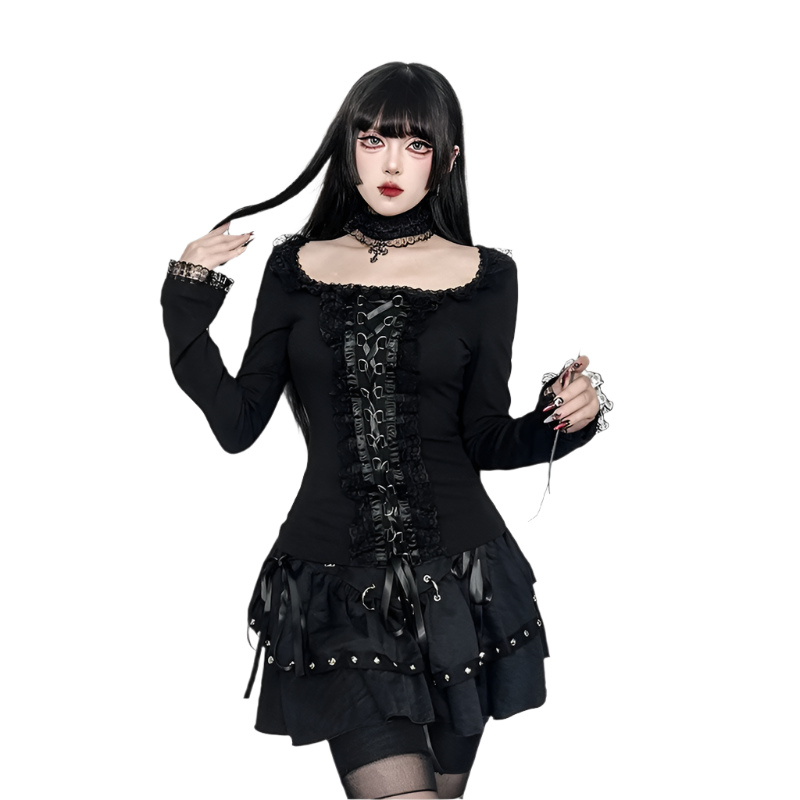 Long Sleeved Top with Ribbon Lace and Choker