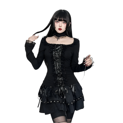 Long Sleeved Top with Ribbon Lace and Choker