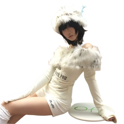 White Fur Trim Off Shoulder Top