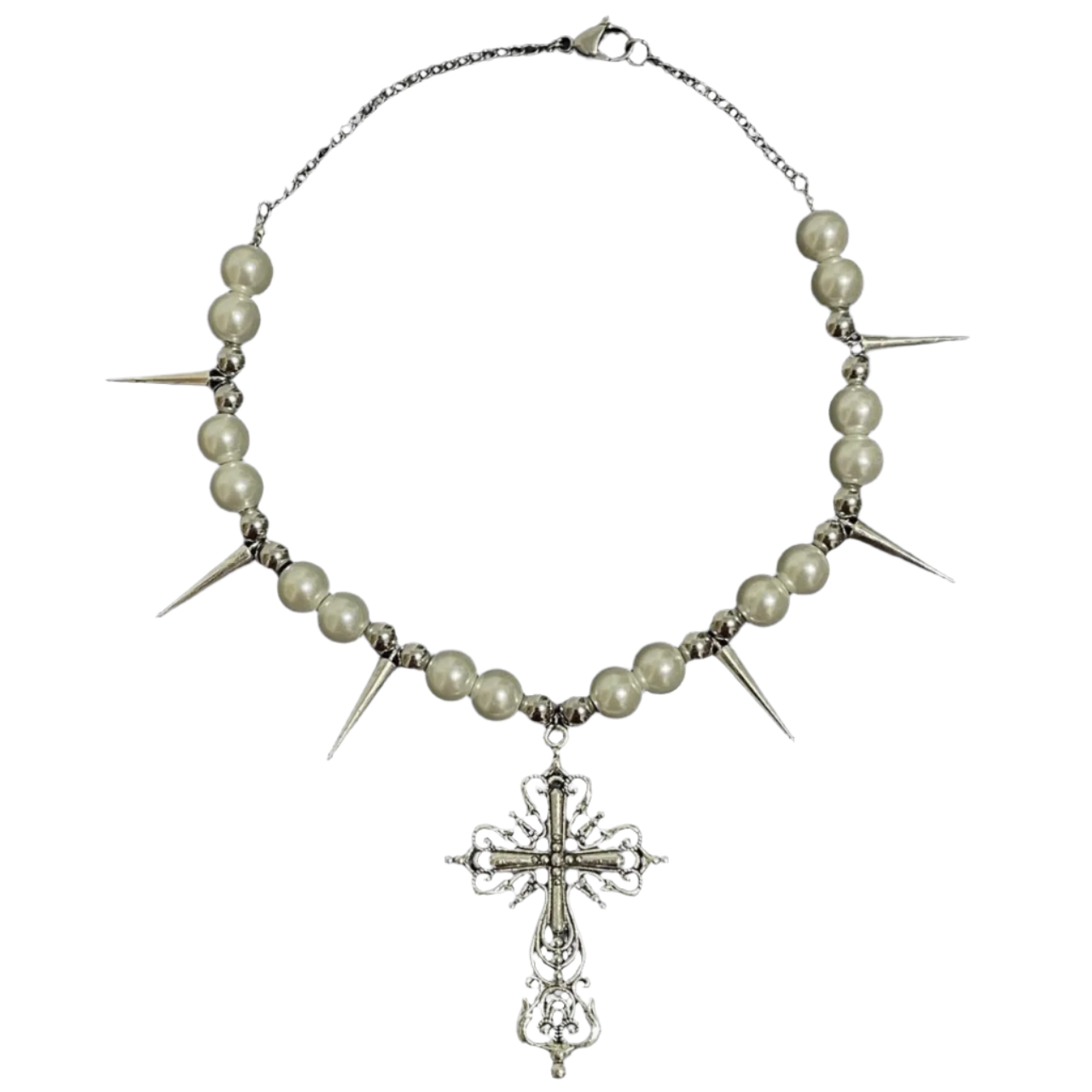 Pearl Chain Neckalce with Rivetz and Cross