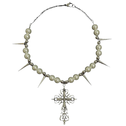 Pearl Chain Neckalce with Rivetz and Cross