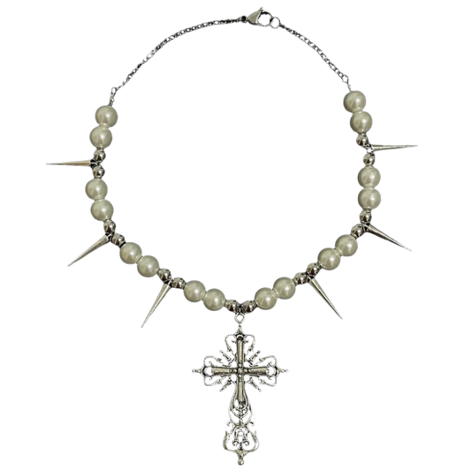 Pearl Chain Neckalce with Rivetz and Cross