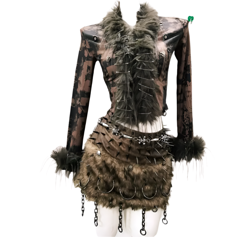 Fur Skirt/ Top with Tie Dye Design and Metal Detailz