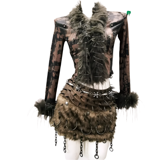 Fur Skirt/ Top with Tie Dye Design and Metal Detailz