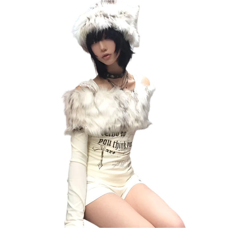 White Fur Trim Off Shoulder Top
