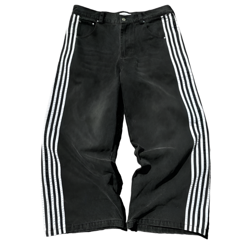 Black affordable baggy streetwear pants for men and women with white side stripes