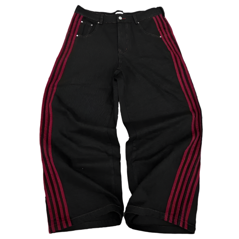 Black pants with red stripes on the sides affordable baggy streetwear pants for men and women