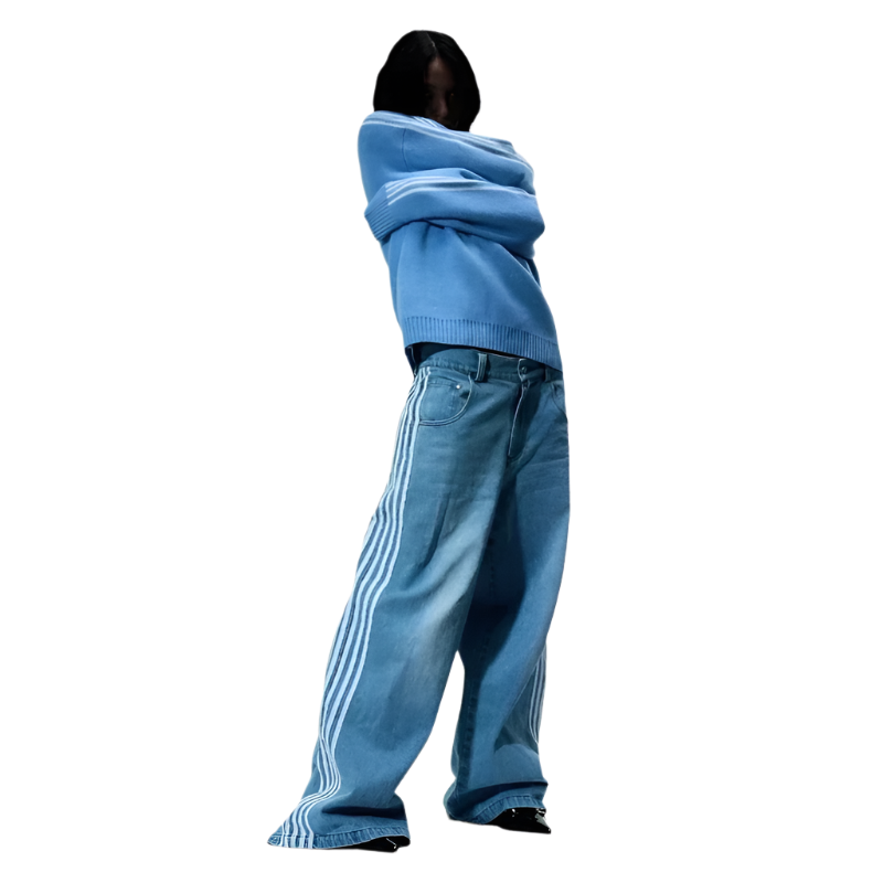Affordable baggy streetwear pants for men and women in light blue with white stripes on the sides