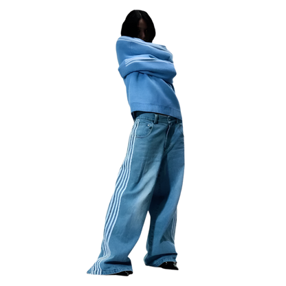 Affordable baggy streetwear pants for men and women in light blue with white stripes on the sides