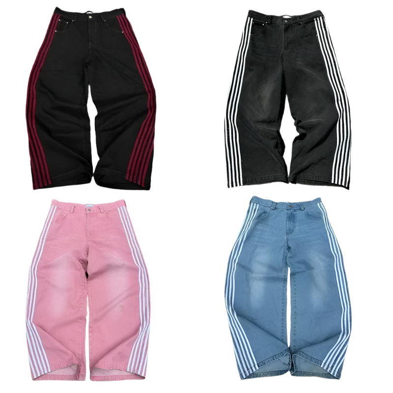 Affordable baggy streetwear pants for men and women in black, pink, blue, and black with striped side panels