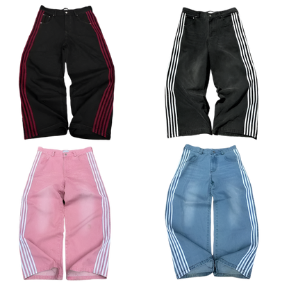 Affordable baggy streetwear pants for men and women in black, pink, blue, and black with striped side panels