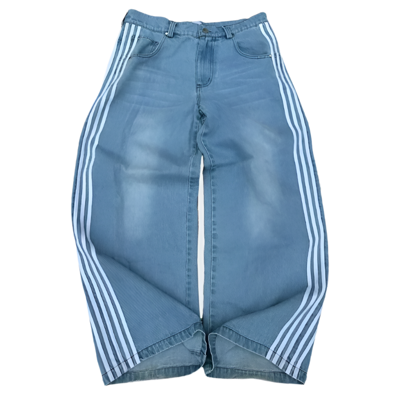 Blue denim affordable baggy streetwear pants for men and women with white side stripes