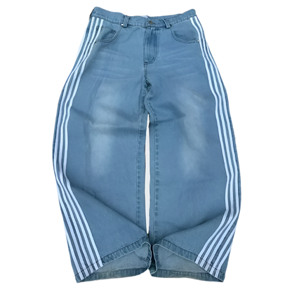 Blue denim affordable baggy streetwear pants for men and women with white side stripes