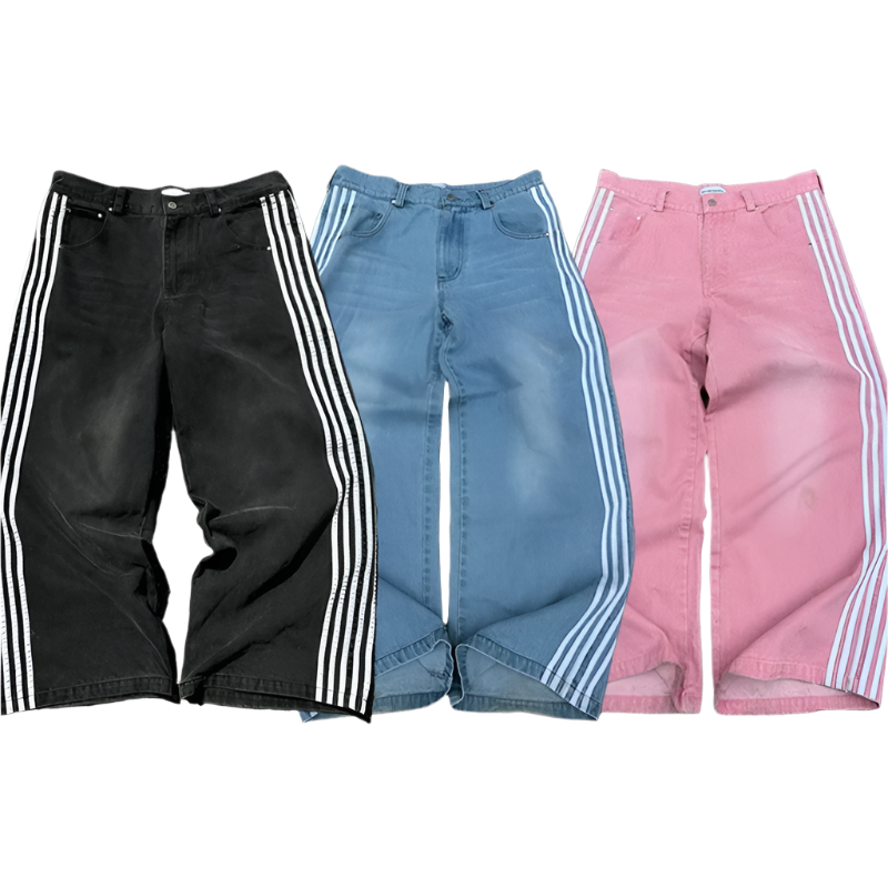 Affordable baggy streetwear pants for men and women in black blue and pink with white side stripes