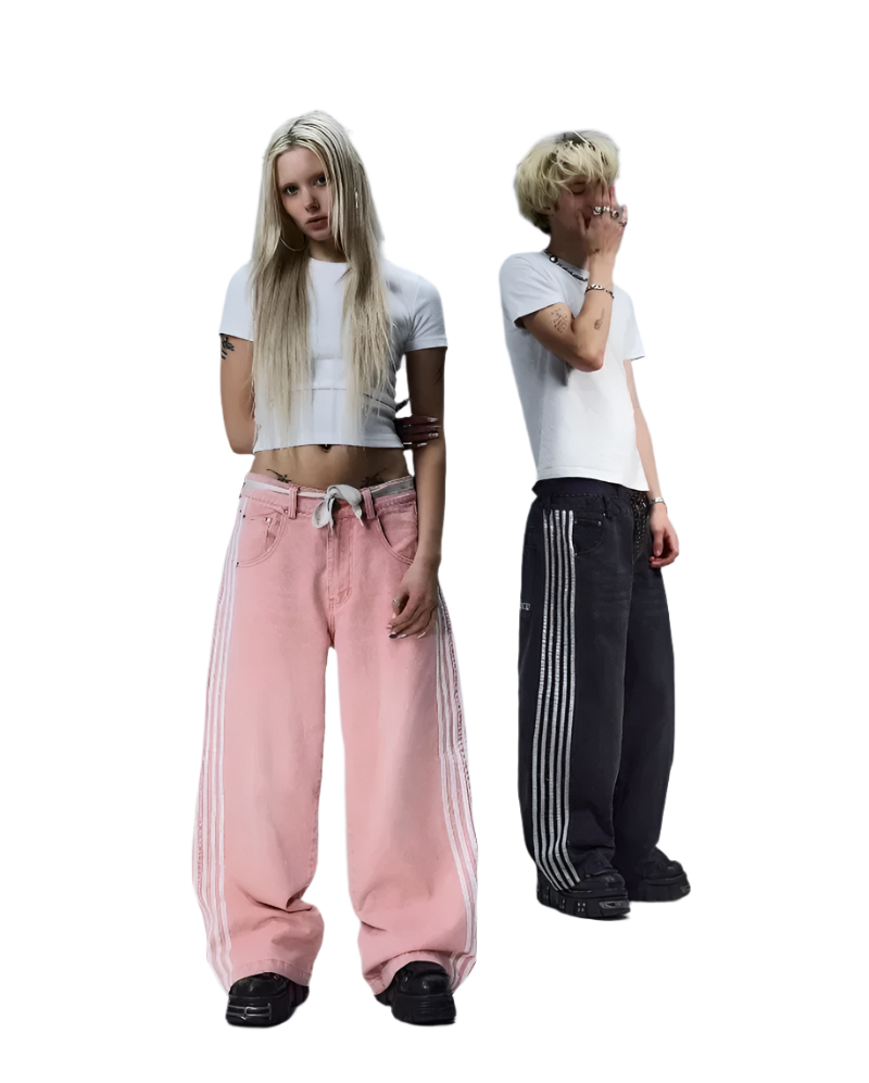 Affordable baggy streetwear pants for men and women in pink and black with white side stripes