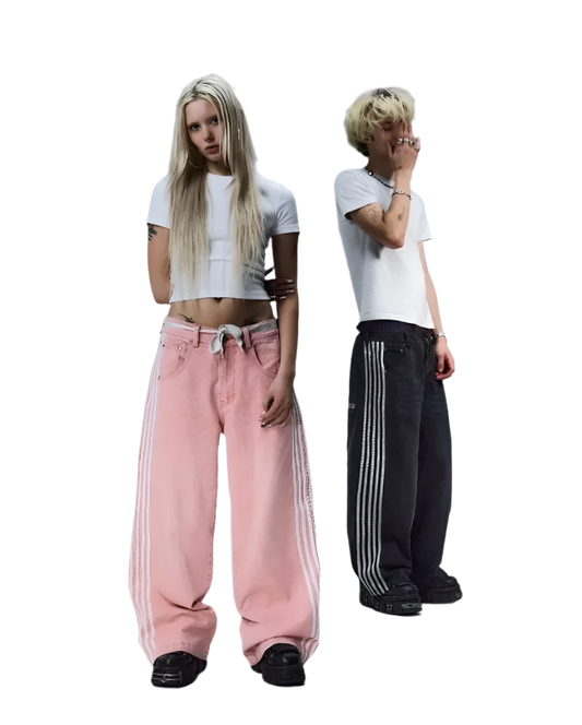 Affordable baggy streetwear pants for men and women in pink and black with white side stripes