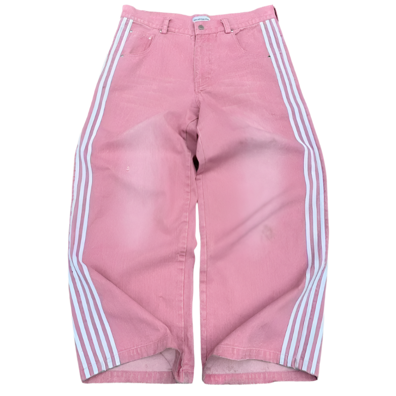 Pink affordable baggy streetwear pants for men and women with white side stripes by weird0z