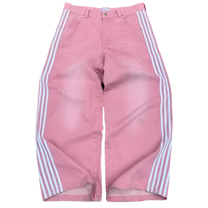 Pink affordable baggy streetwear pants for men and women with white side stripes by weird0z