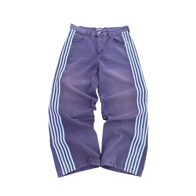 Purple affordable baggy streetwear pants for men and women with white side stripes