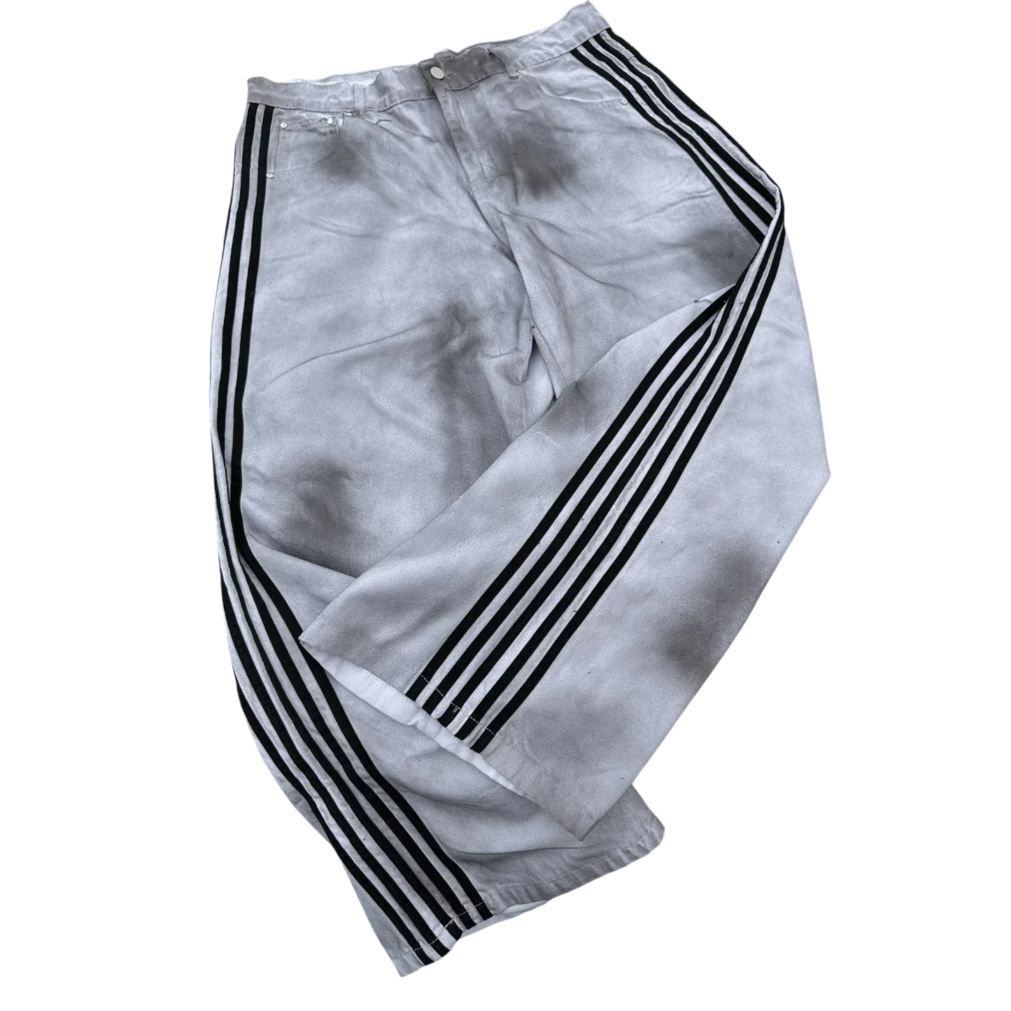 Affordable baggy streetwear pants for men and women in light gray with black side stripes