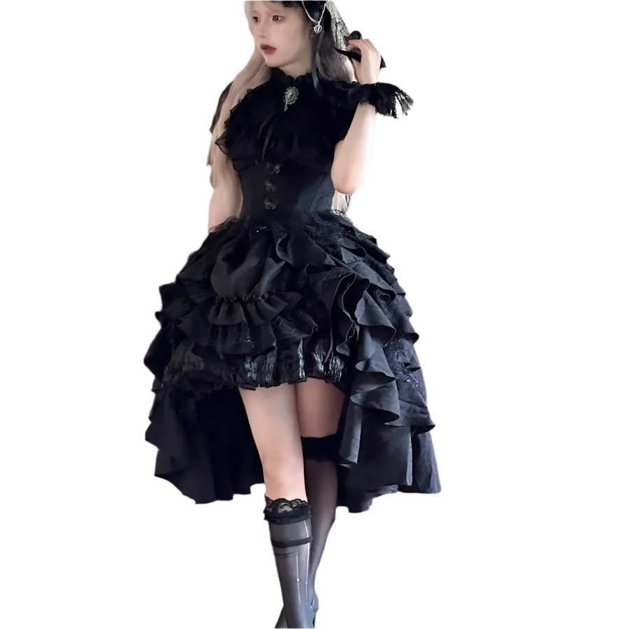 Affordable lolita outfit for women featuring a black layered ruffle dress with lace and stockings