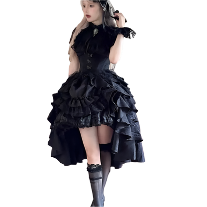Affordable lolita outfit for women featuring a black layered ruffle dress with lace and stockings
