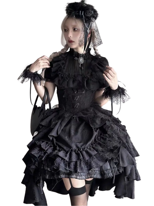 Affordable lolita outfit for women featuring a black ruffled dress and gothic headpiece by weird0z