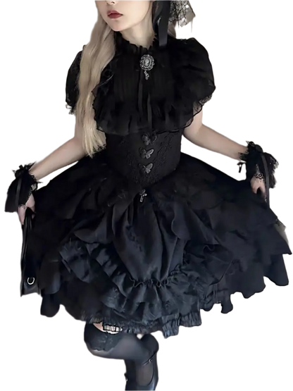 Affordable lolita outfit for women in black with lace details and layered skirt by weird0z