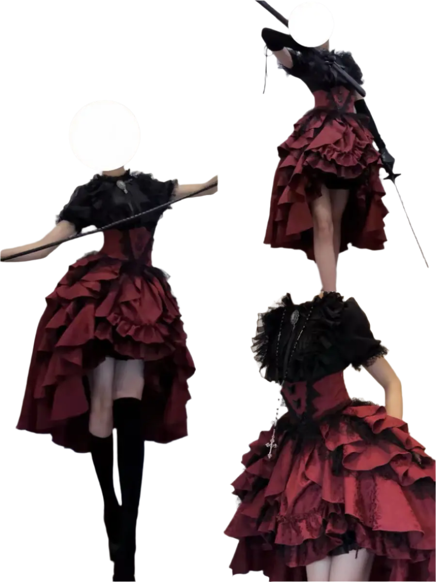 Affordable lolita outfit for women featuring a layered dark red and black dress with ruffles and lace details