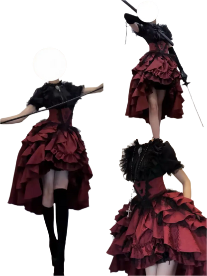 Affordable lolita outfit for women featuring a layered dark red and black dress with ruffles and lace details