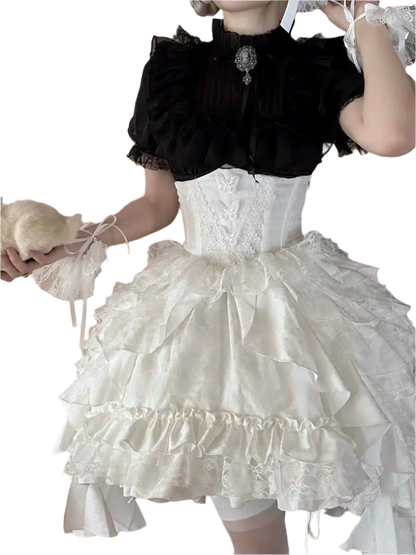 Affordable lolita outfit for women featuring a black lace top and white layered ruffle skirt