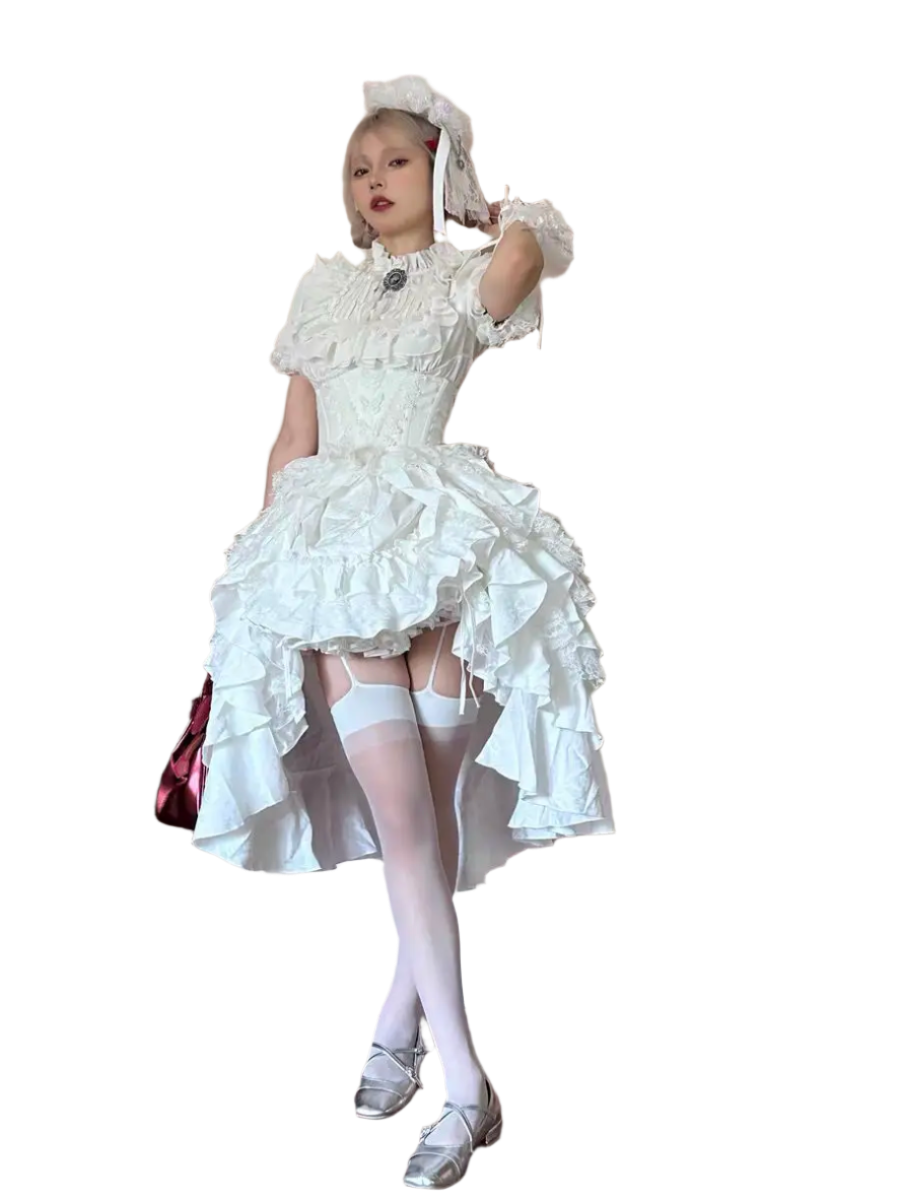 Affordable lolita outfit for women with white ruffled dress and matching headpiece by weird0z