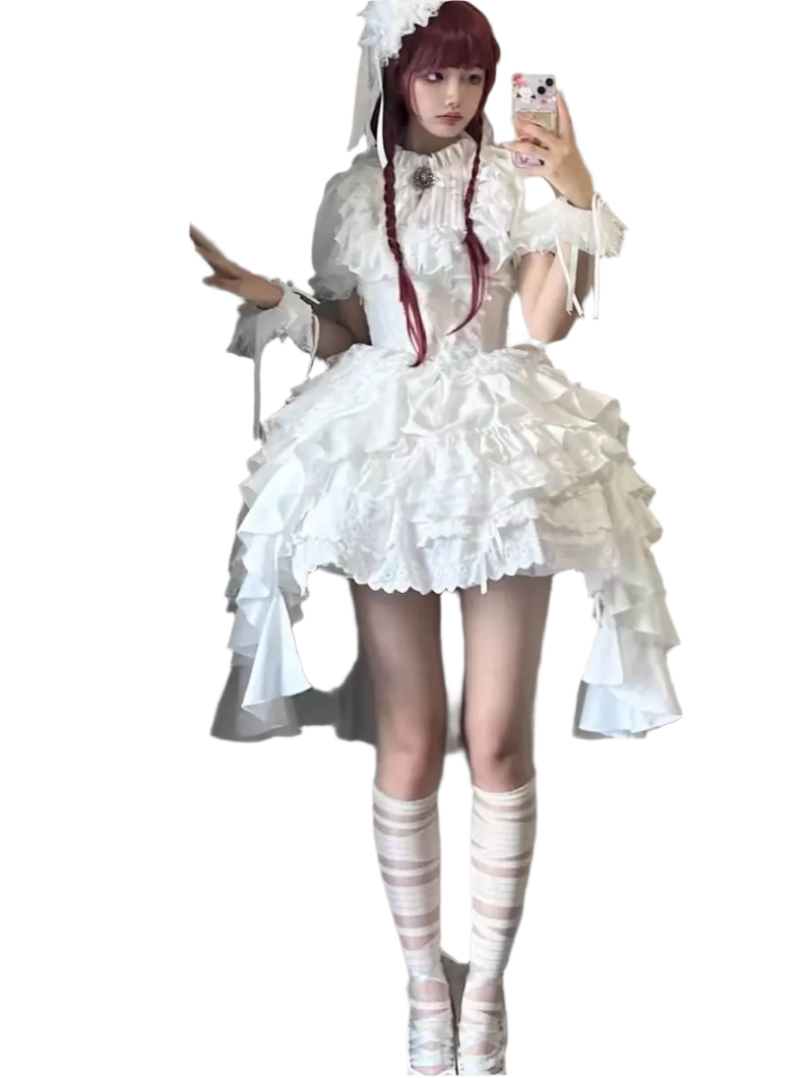 Affordable lolita outfit for women featuring a white frilly high-low dress with puff sleeves