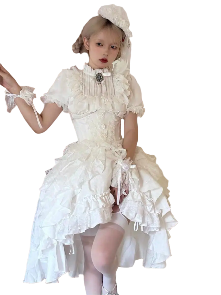 Affordable lolita outfit for women featuring white ruffled dress with lace details and matching bonnet