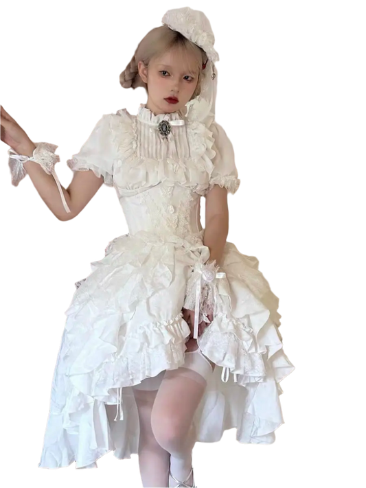 Affordable lolita outfit for women featuring white ruffled dress with lace details and matching bonnet