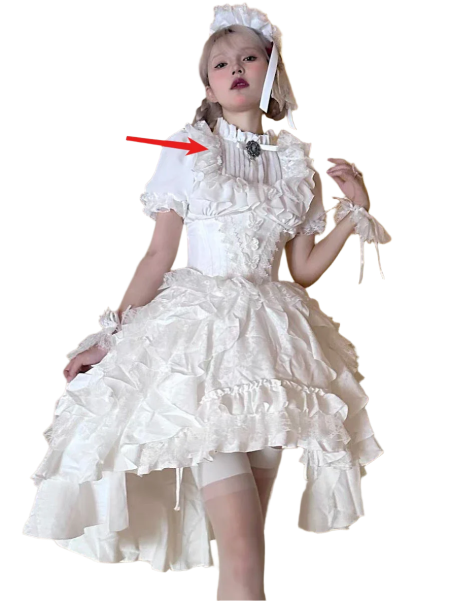 Woman wearing an affordable lolita outfit for women with ruffled white dress and matching accessories