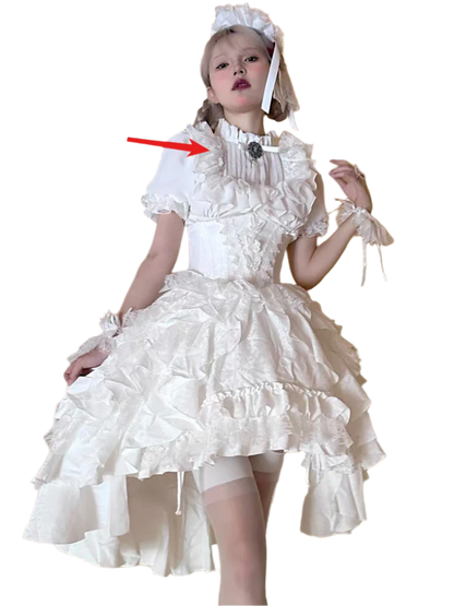 Woman wearing an affordable lolita outfit for women with ruffled white dress and matching accessories