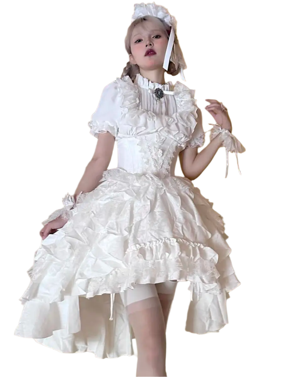 Affordable lolita outfit for women featuring a white ruffled dress with puff sleeves and matching headband