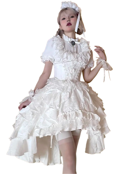 Affordable lolita outfit for women featuring a white ruffled dress with puff sleeves and matching headband