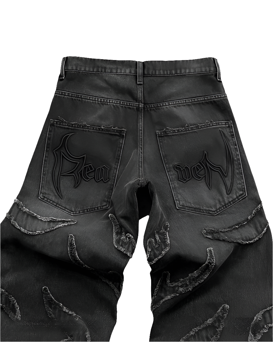 Affordable streetwear baggy denim black jeans with flame patterns and embroidered back pockets