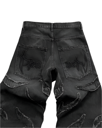 Affordable streetwear baggy denim black jeans with flame patterns and embroidered back pockets