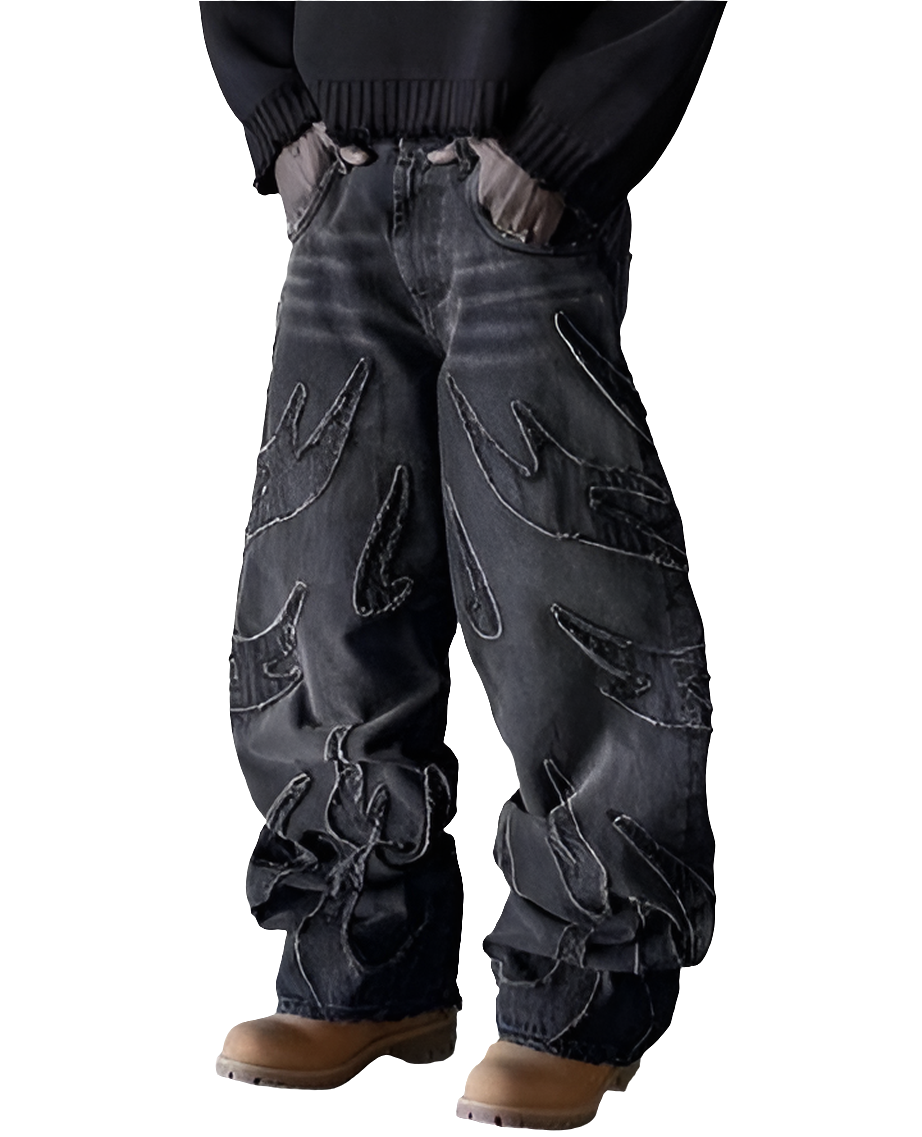 Affordable streetwear baggy denim jeans with unique stitched hand designs and loose fit