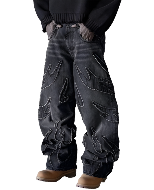 Affordable streetwear baggy denim jeans with unique stitched hand designs and loose fit