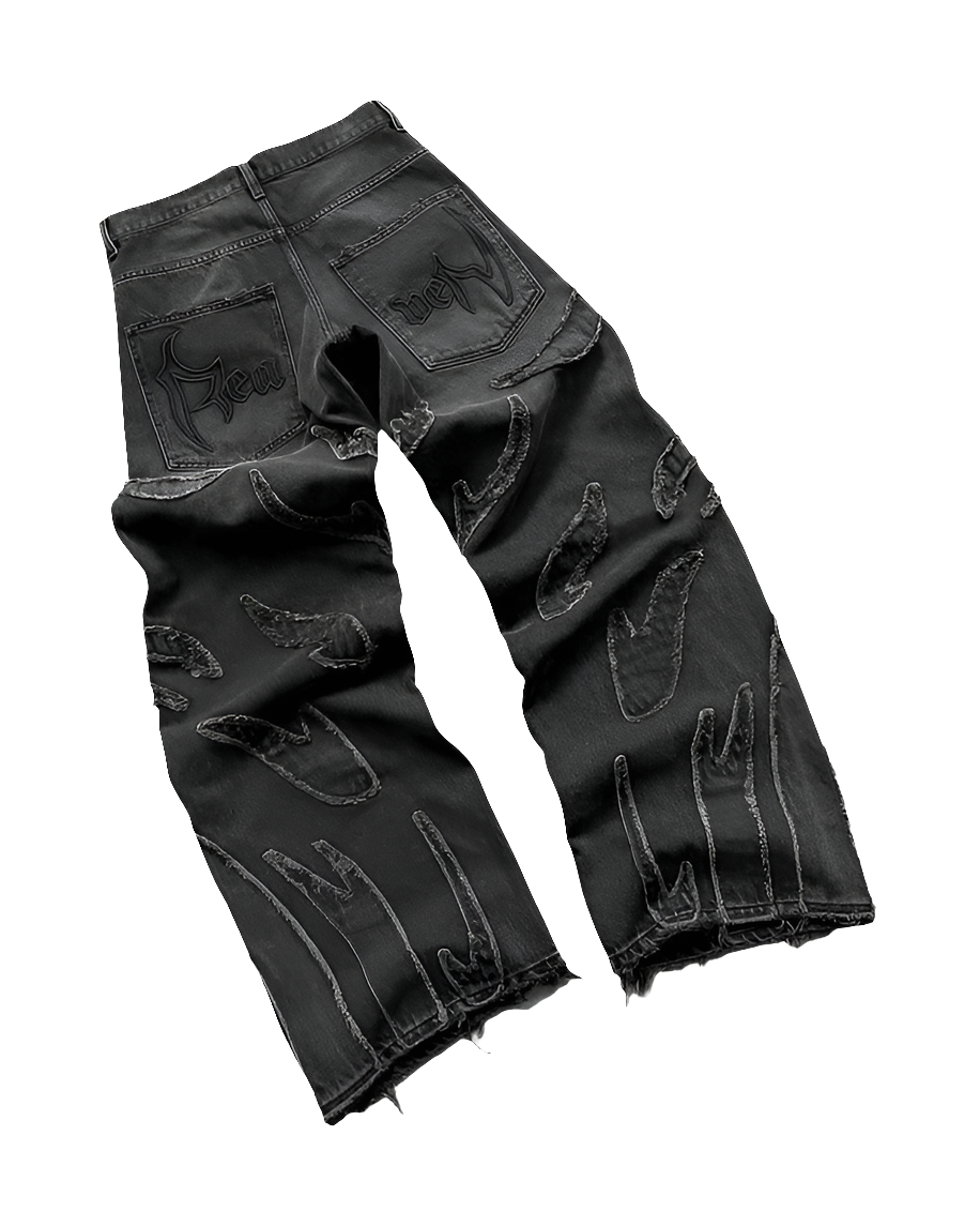 Black affordable streetwear baggy denim pants with distressed details and back pocket stitching