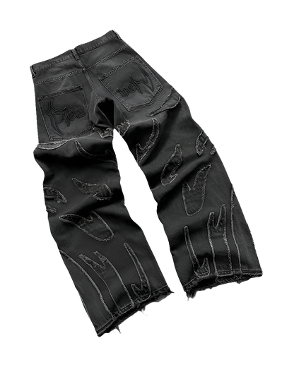 Black affordable streetwear baggy denim pants with distressed details and back pocket stitching