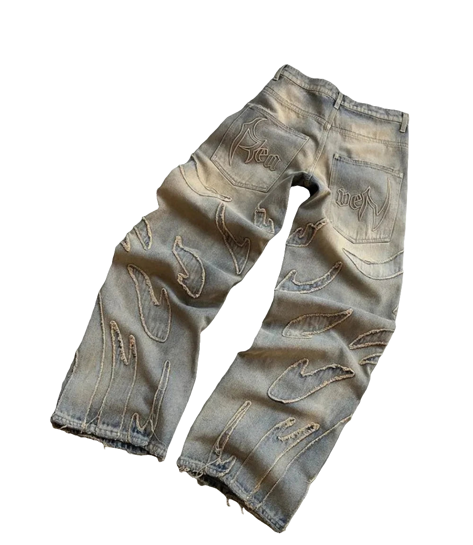 Affordable streetwear baggy denim jeans with distressed flame design and embroidered back pockets